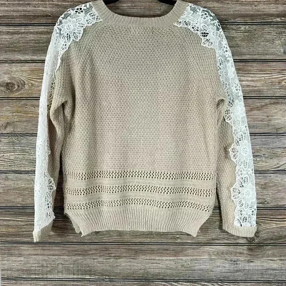 Listicle Floral Lace Sleeve Tan Knit Sweater Top Size Medium - Picture 7 of 7